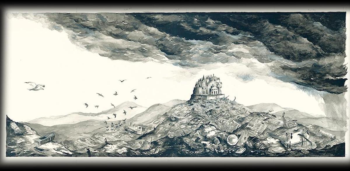 El autor británico Edward Carey en la librería Gigamesh de Barcelona, rodeado de libros y objetos que inspiran su obra. (Fuente: El Periódico)