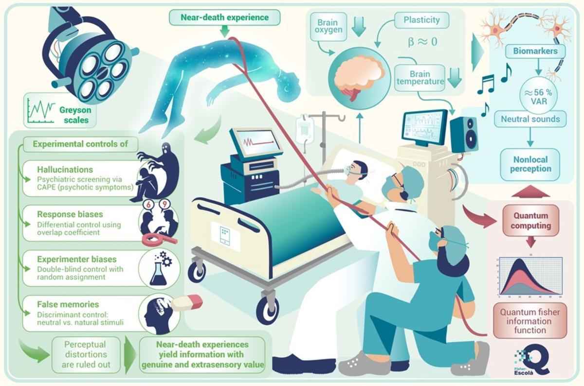 Representación gráfica de la intersección entre cerebro, cuidados intensivos y procesos cuánticos, donde la actividad neuronal parece tejer una constelación invisible sobre la cama de UCI. (Fuente: El Periódico)
