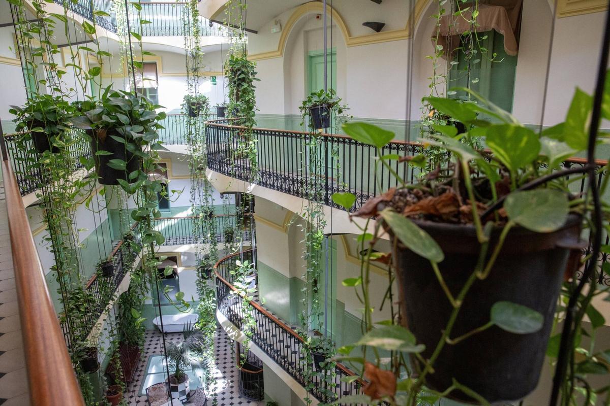 Cascada de plantas en el patio del Hotel Peninsular, un lugar con encanto. (Fuente: El Periódico)
