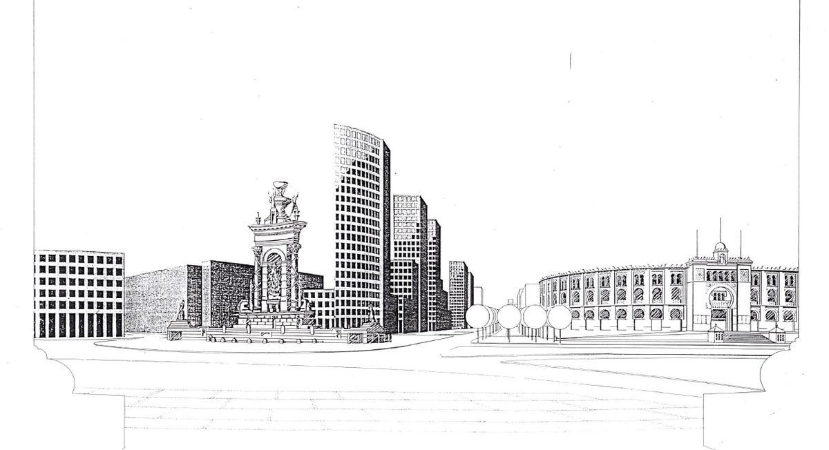 La entrada a Montjuïc con las torres de la calle Tarragona proyectadas en 1987. (Fuente: El Periódico)