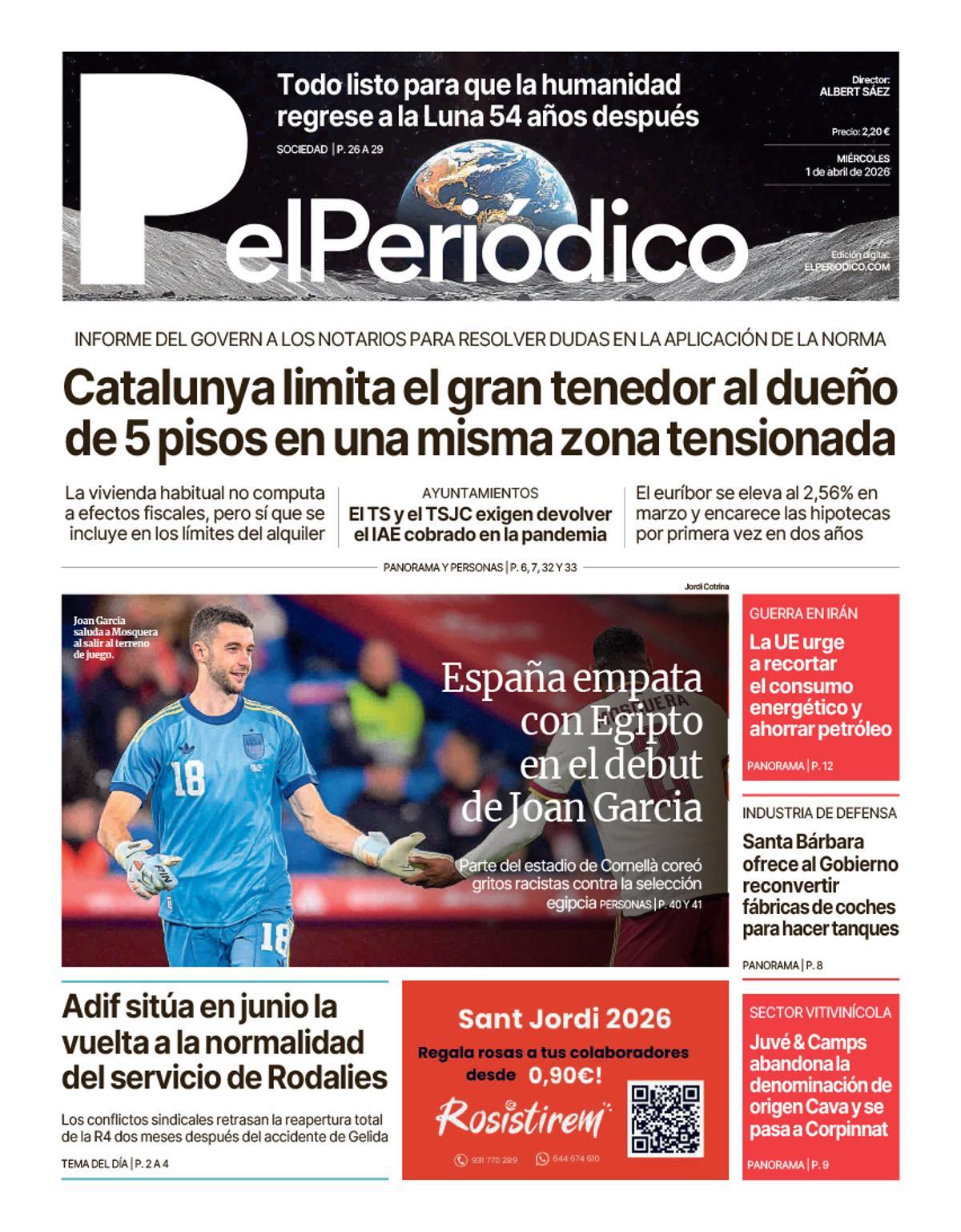 Portada de EL PERIÓDICO del 1 de abril de 2026: Edición Impresa