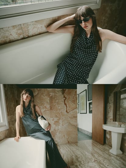 La modelo viste un vestido de lunares blancos y negros con una estética minimalista y elegante. (Fuente: El País)