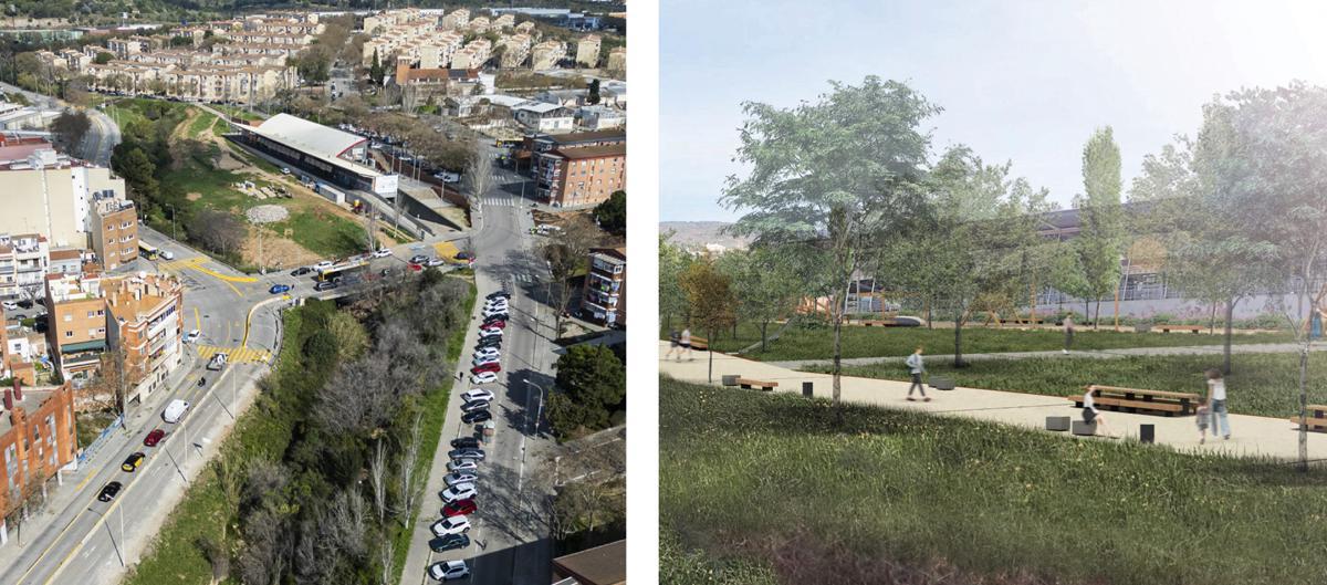 Imagen actual y futura transformación de la Riera de Pomar en parque urbano