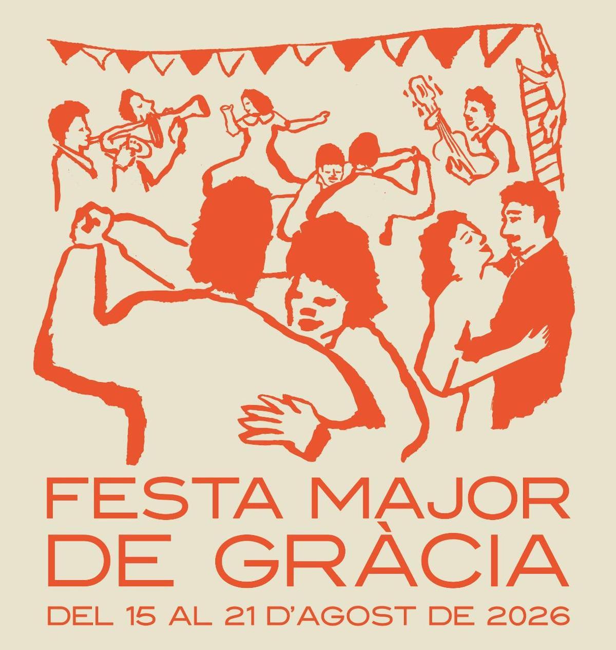 Cartel ganador de la Festa Major de Gràcia 2026, con músicos y parejas bailando en tonos crema y naranja