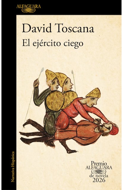 Portada de 'El ejército ciego' de David Toscana, con ilustración de soldados ciegos avanzando bajo la luz tenue