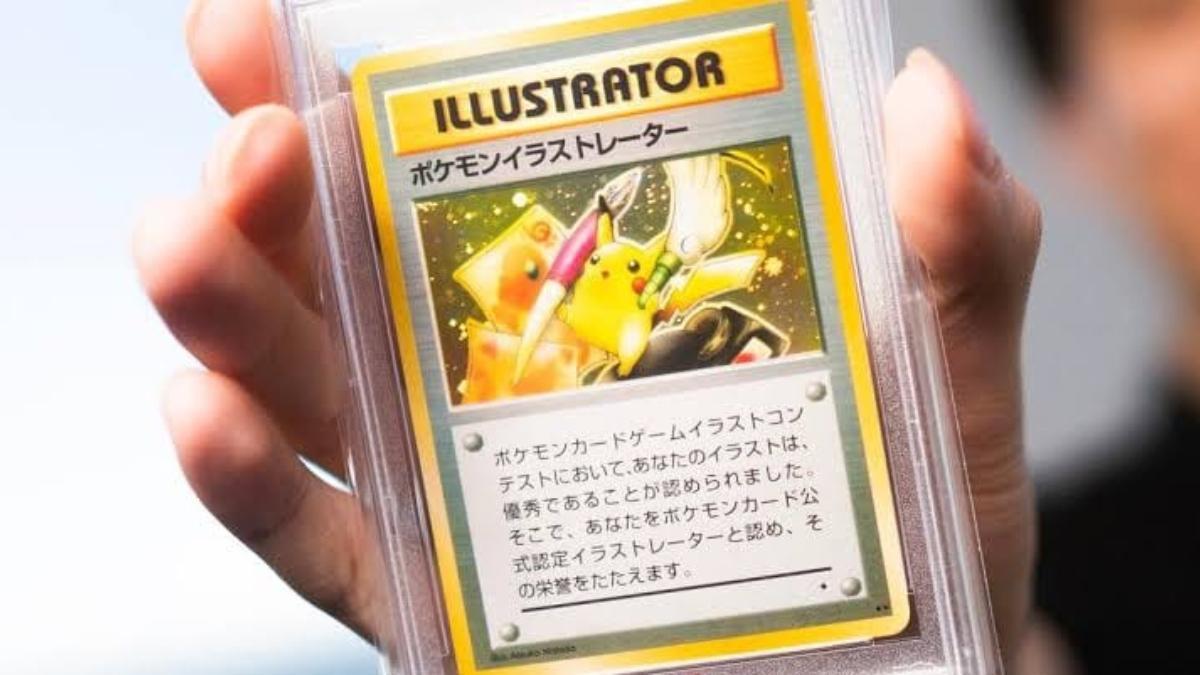 Carta Pokémon Pikachu Illustrator 1998 en una vitrina de exposición