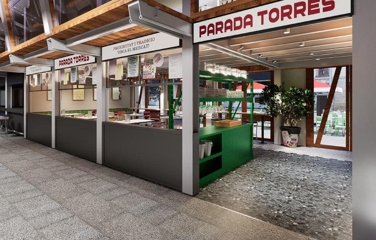 Render del interior del restaurante Parada Torres con barra central y ambiente de mercado