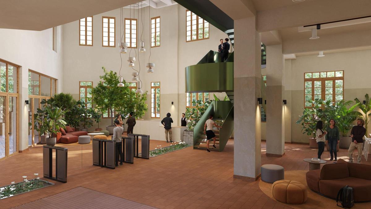 Render del proyecto Nocco mostrando la fábrica textil reconvertida en oficinas con patio ajardinado