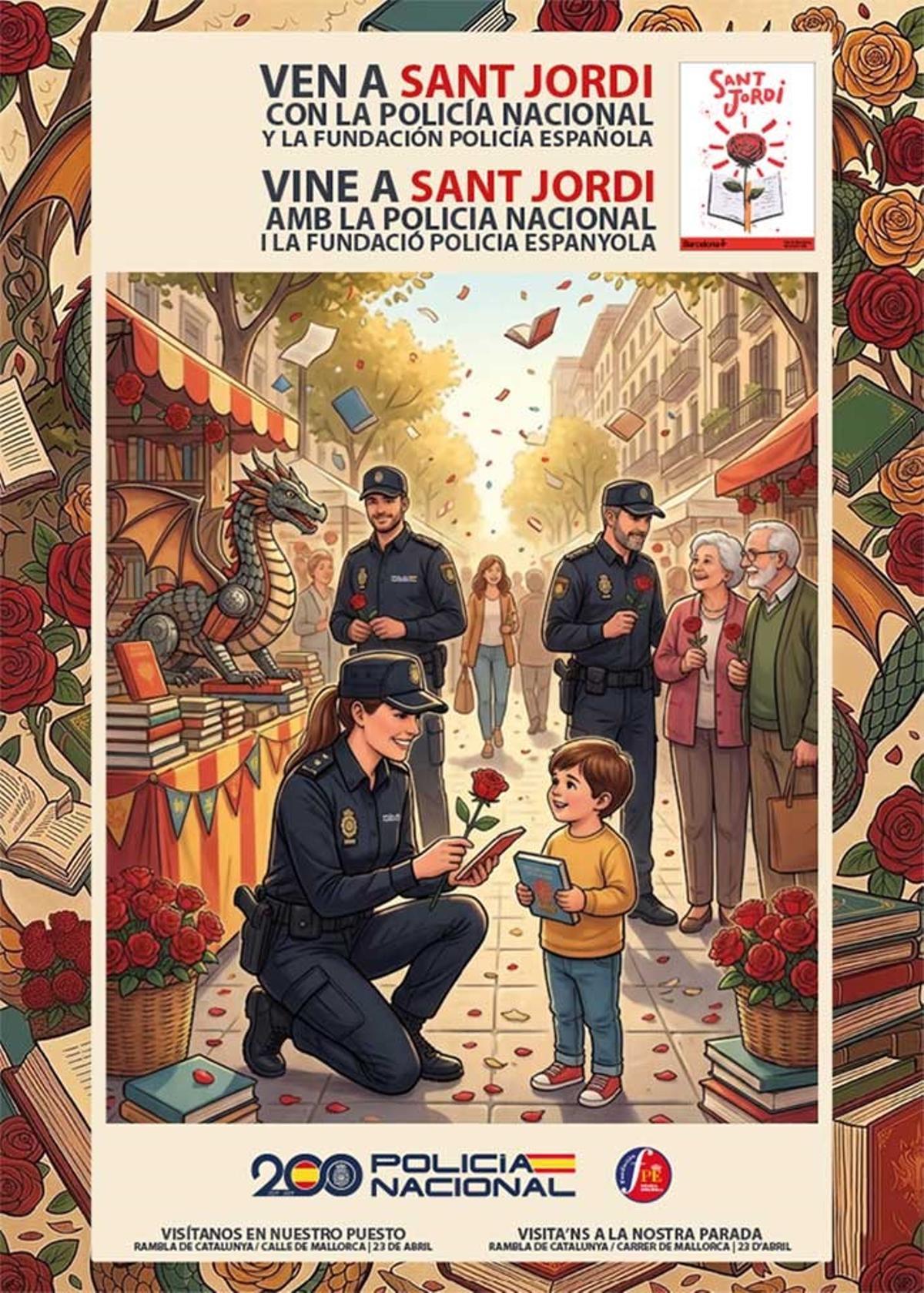 Parada de libros de la Policía Nacional en la Rambla de Catalunya durante la diada de Sant Jordi