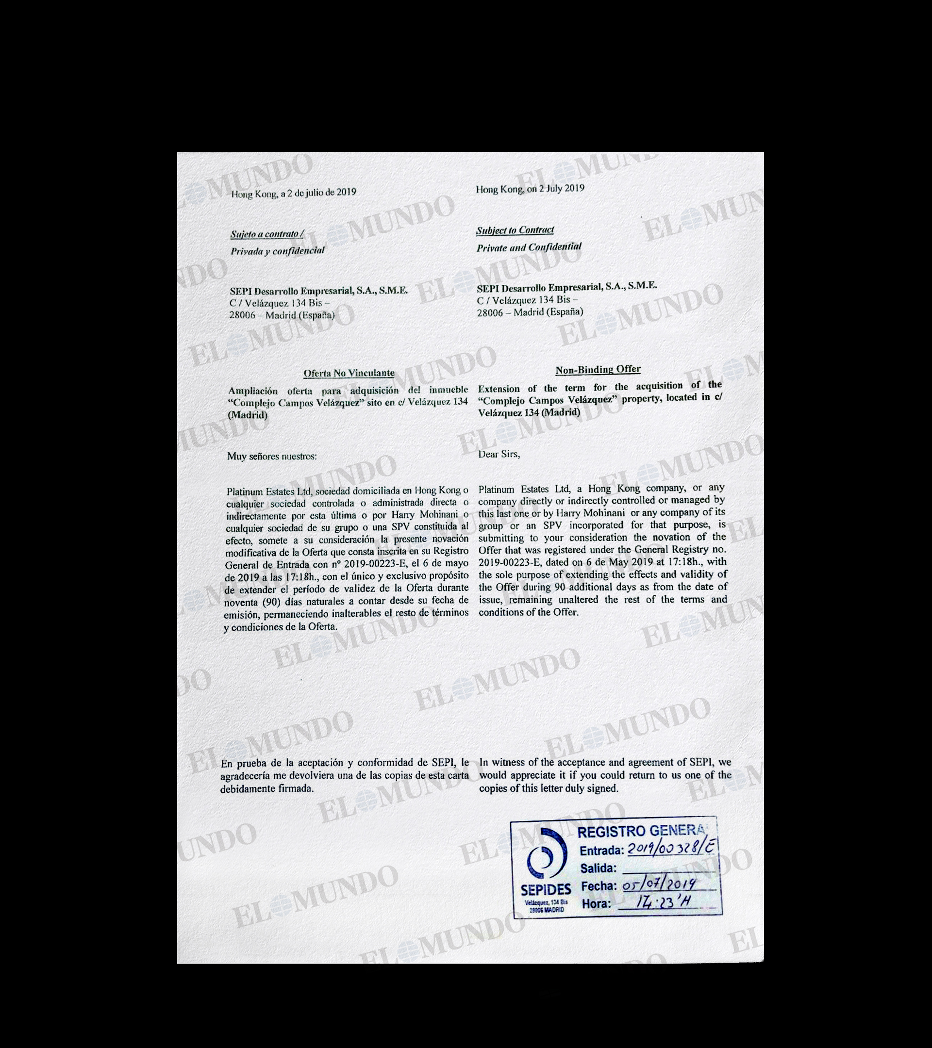 Documento de registro de la oferta de 250 millones a la Sepi