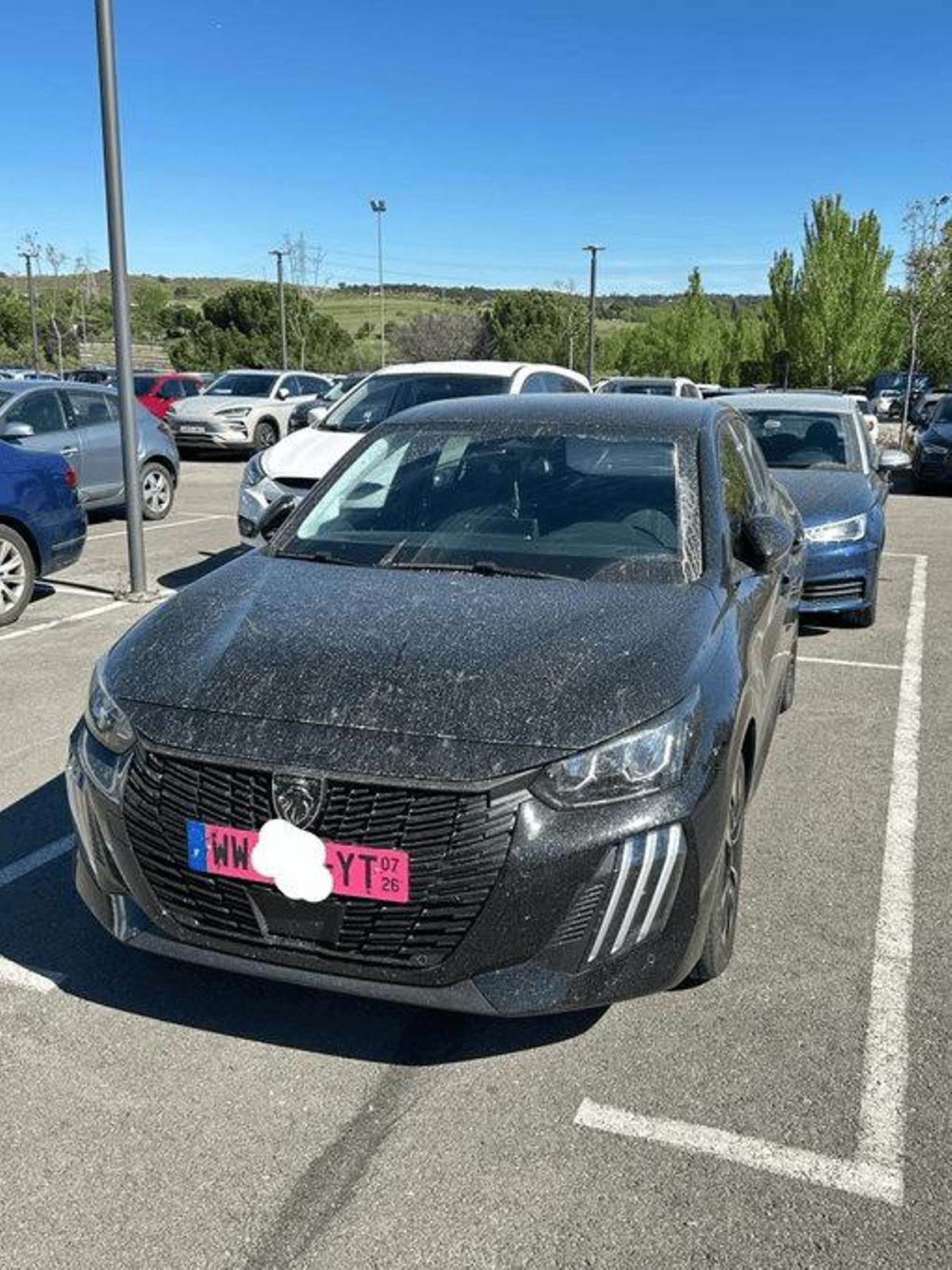 Matrícula temporal rosa en un coche estacionado