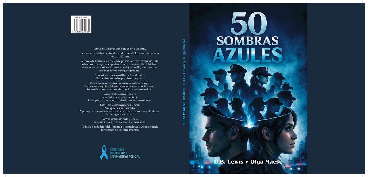 Portada del libro "50 sombras azules" con fondo azul y siluetas de policías