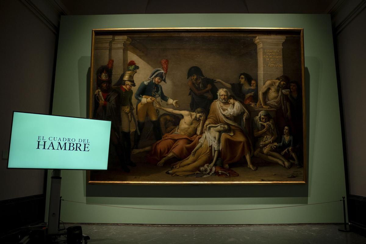 Comparación del estado de la pintura 'El año del hambre en Madrid' antes y después de la restauración en el Prado
