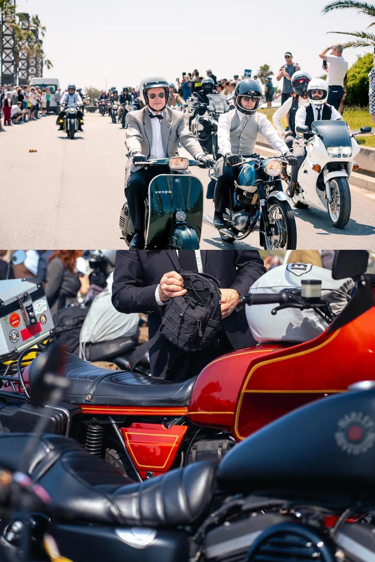 Detalle de una moto clásica acompañada de un caballero en traje durante el Distinguished Gentleman's Ride