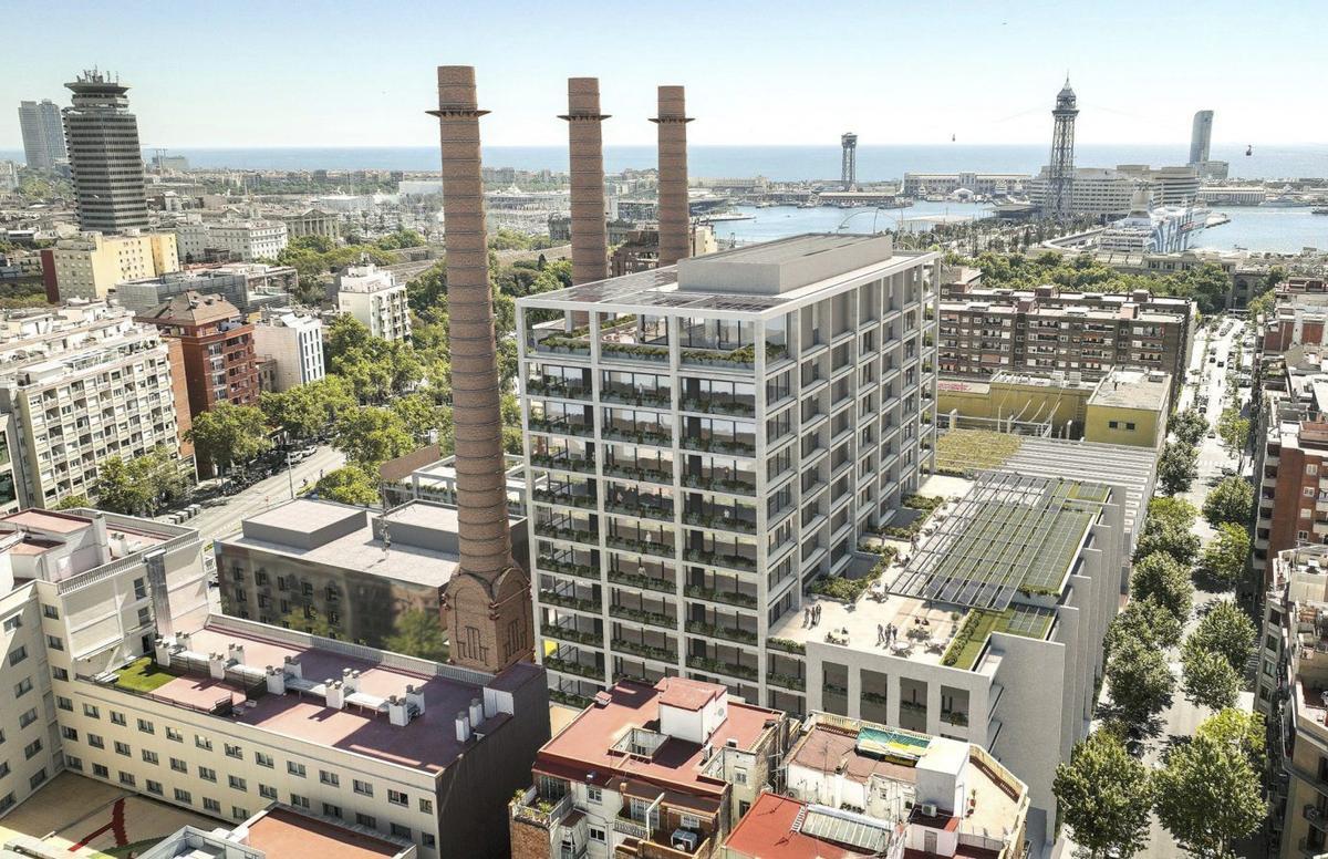 Render del futuro edificio 3X Paral·lel con su vestíbulo de triple altura y zona de ágora