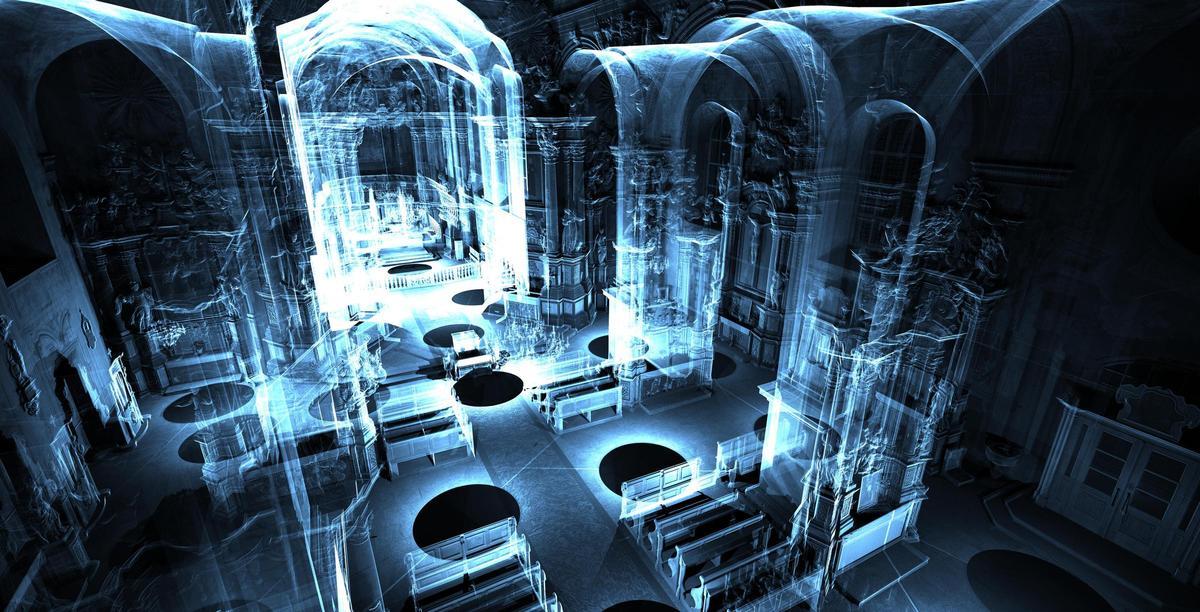 Modelo digital en 3D de la catedral de Santa Sofía de Kiev, mostrando su fachada tras el bombardeo