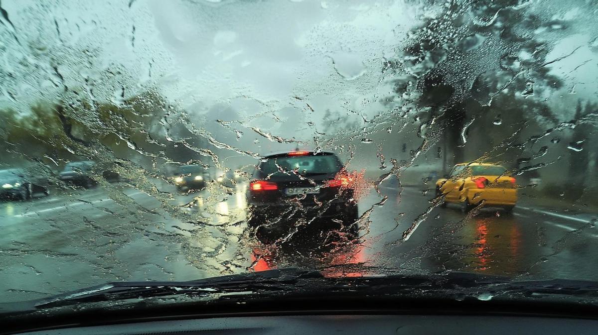 Conductor revisando las escobillas del limpiaparabrisas en una carretera mojada