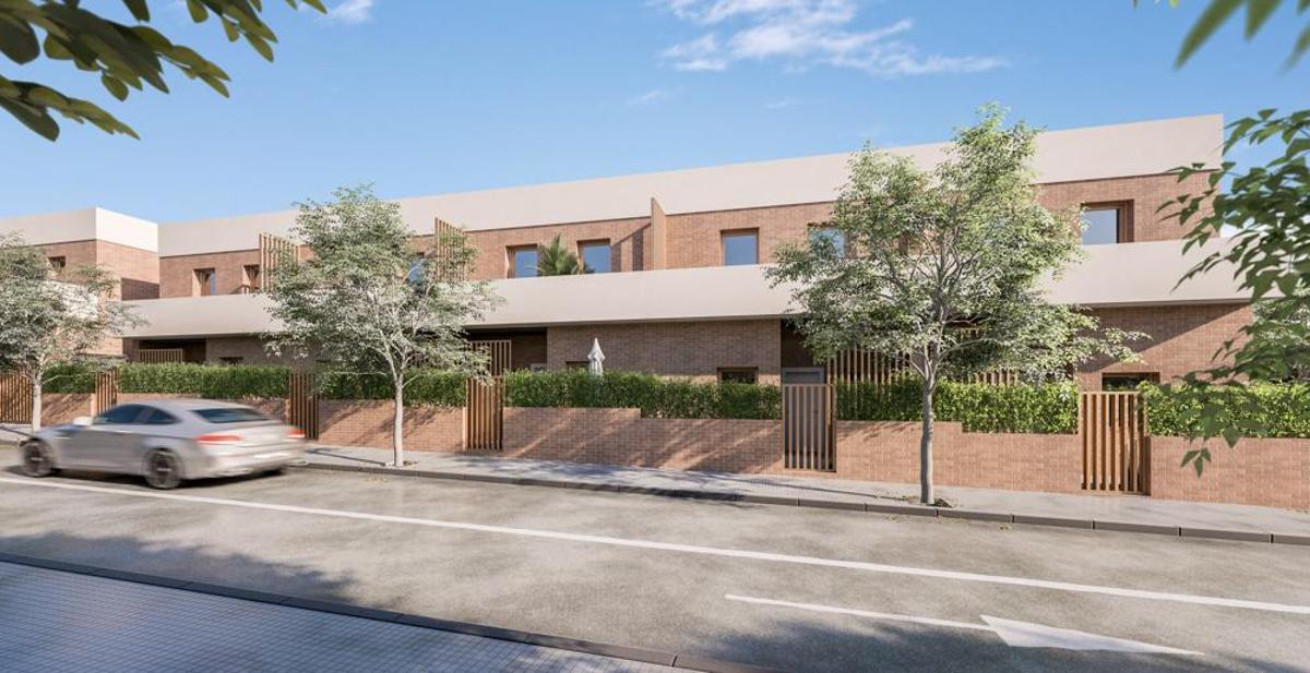 Vista aérea del complejo residencial Brisa el Garraf con piscina y zonas verdes