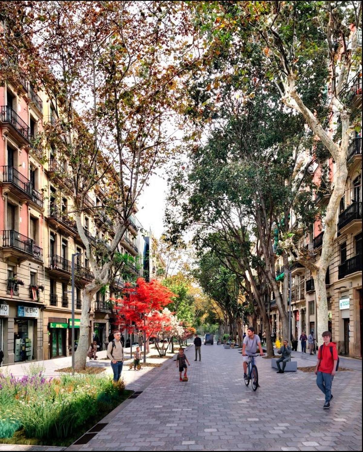 Vista de la intersección de Borrell y Parlament en Sant Antoni, con árboles y espacio peatonal renovado