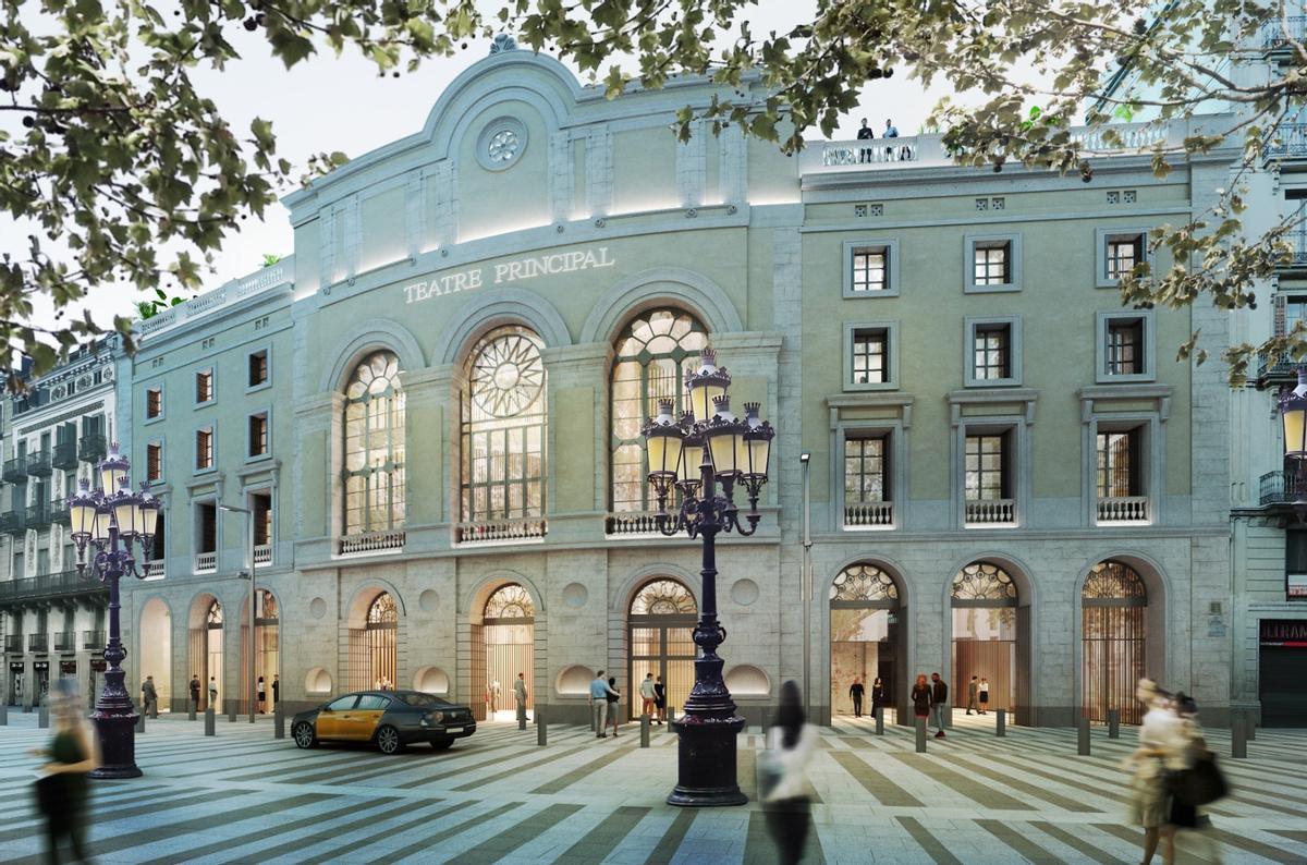 Enric Batlle en su despacho, mostrando planos del nuevo Teatre Principal