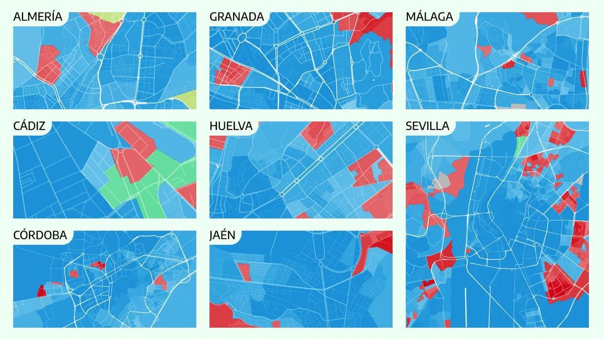 Mapa interactivo de resultados electorales de Andalucía 2026, vista de secciones censales calle a calle