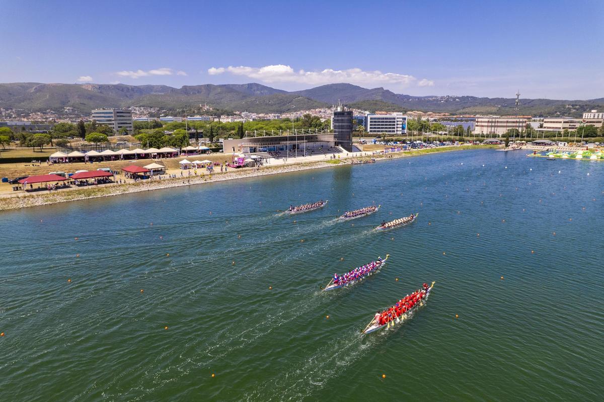 Palistas compitiendo en una regata de dragon boat en el Canal Olímpic de Catalunya, Castelldefels