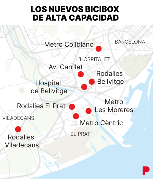 Mapa de los nuevos puntos de Bicibox de alta capacidad en la zona metropolitana de Barcelona
