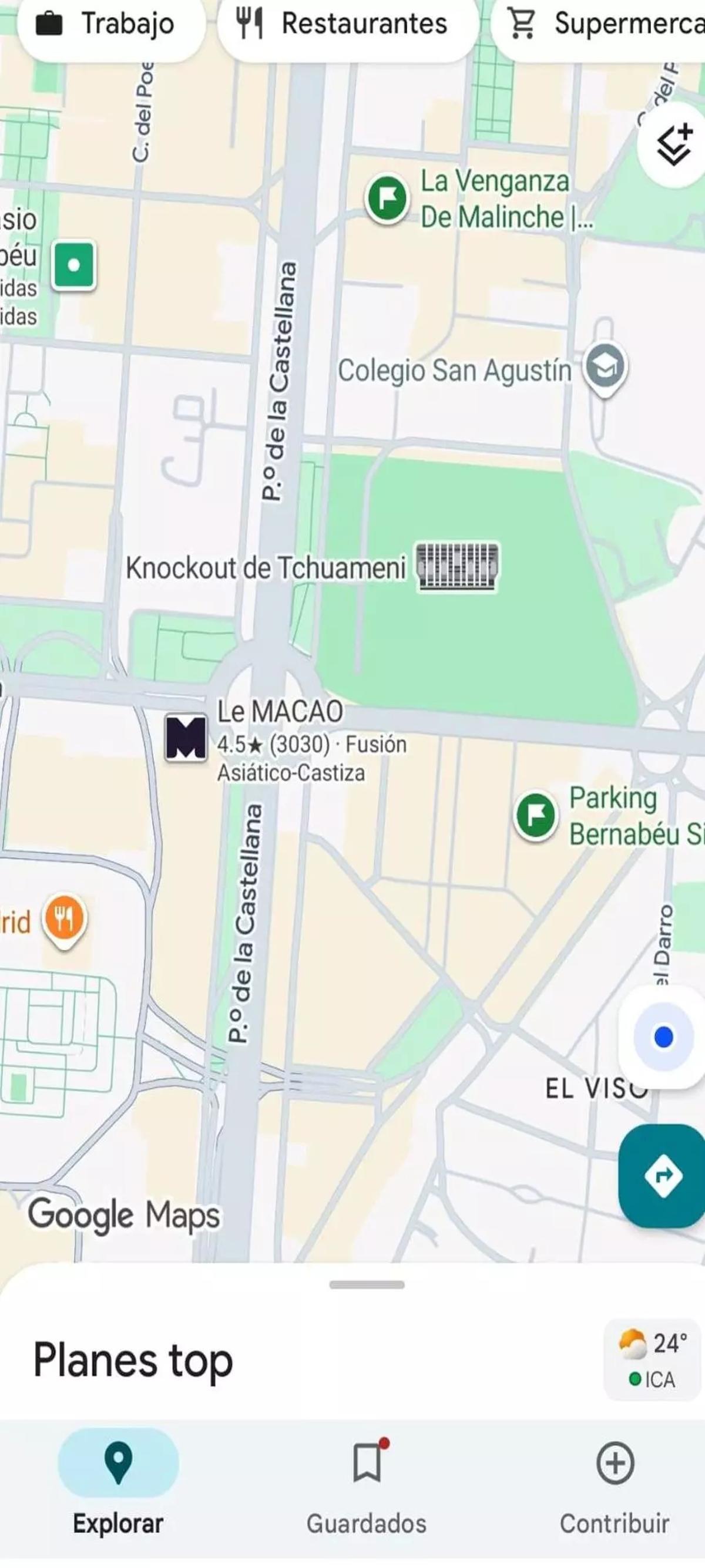 Captura de pantalla de Google Maps mostrando el nombre alterado 'Arbeloa cono' en el estadio Santiago Bernabéu.