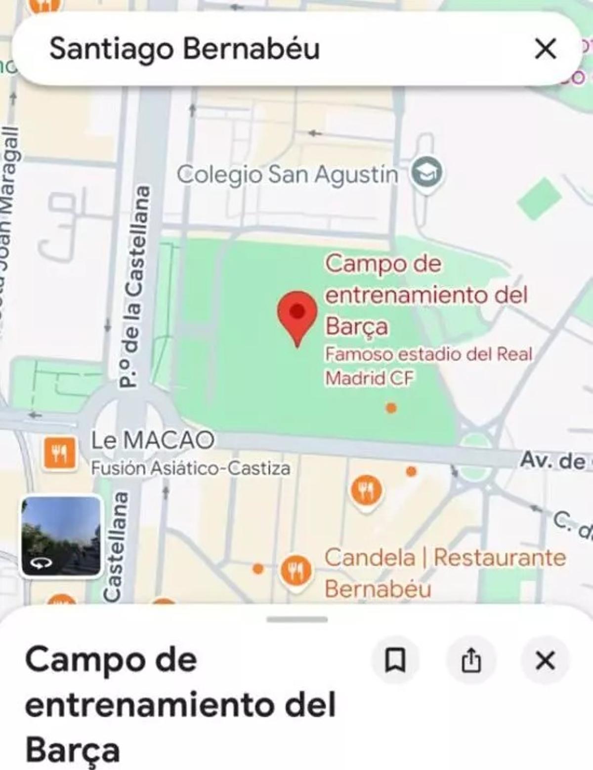 Captura de pantalla de Google Maps con el estadio Metropolitano etiquetado como 'Antártida'.