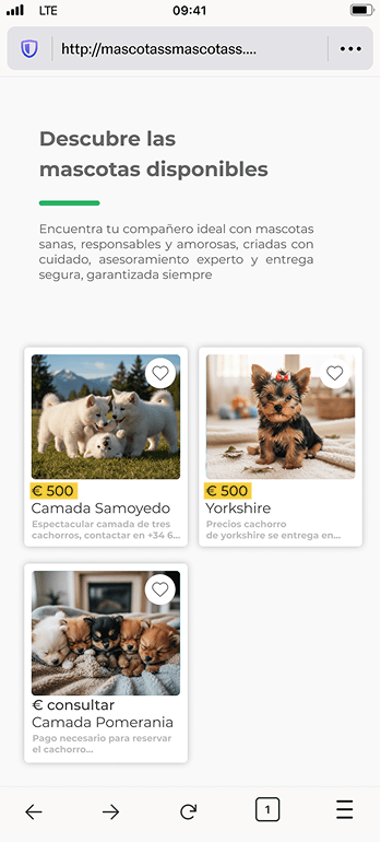 Ejemplo de anuncio fraudulento de adopción de mascota en redes sociales