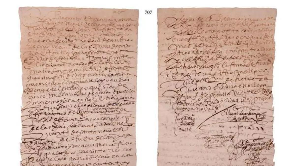 Carta manuscrita de Miguel de Cervantes, firma visible, papel con filigrana