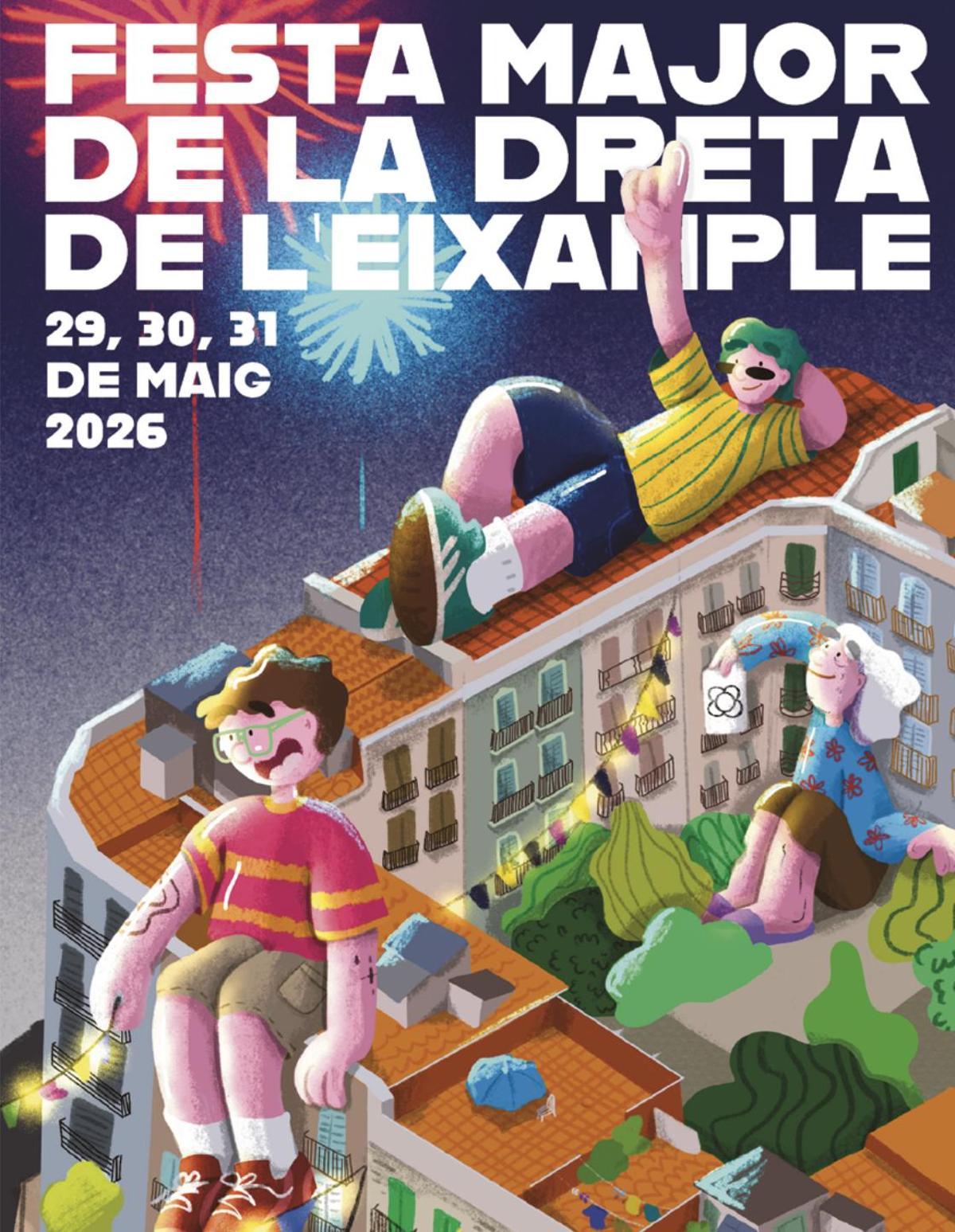 Escena colorida de la fiesta mayor en la calle Bruc, con gente pintando el panot de flor y el escenario iluminado al atardecer