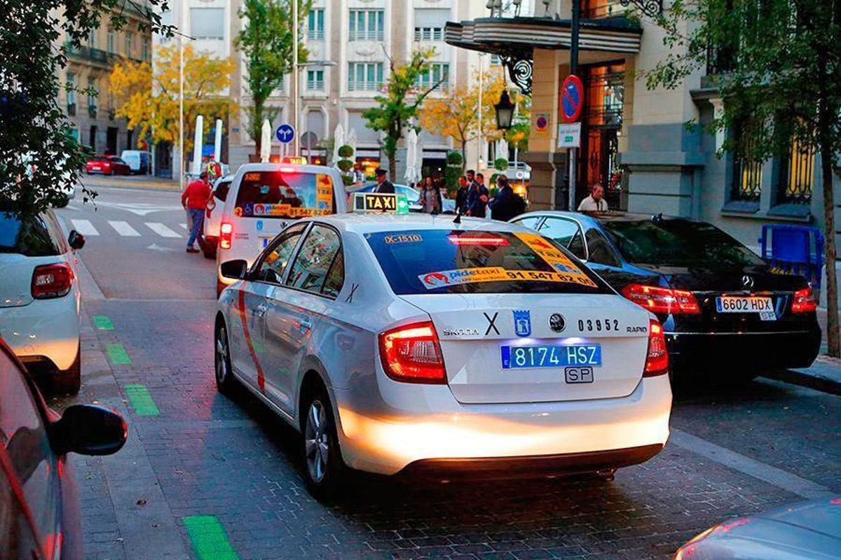 Matrícula azul en la parte trasera de un taxi