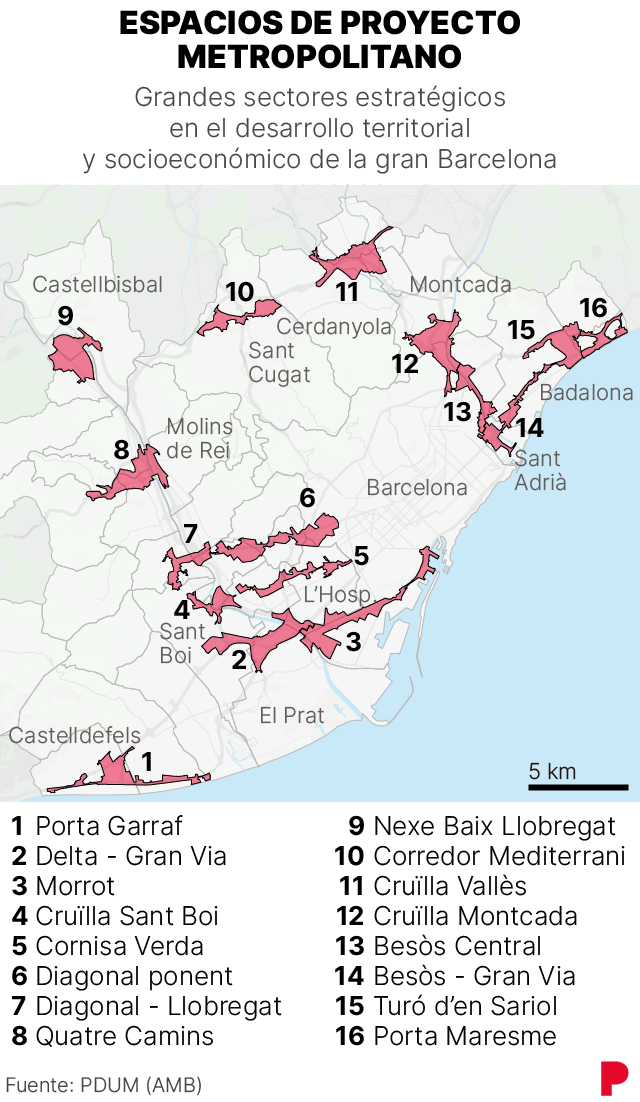 Mapa que muestra los 16 Espacios de Proyecto Metropolitano interconectados por avenidas metropolitanas