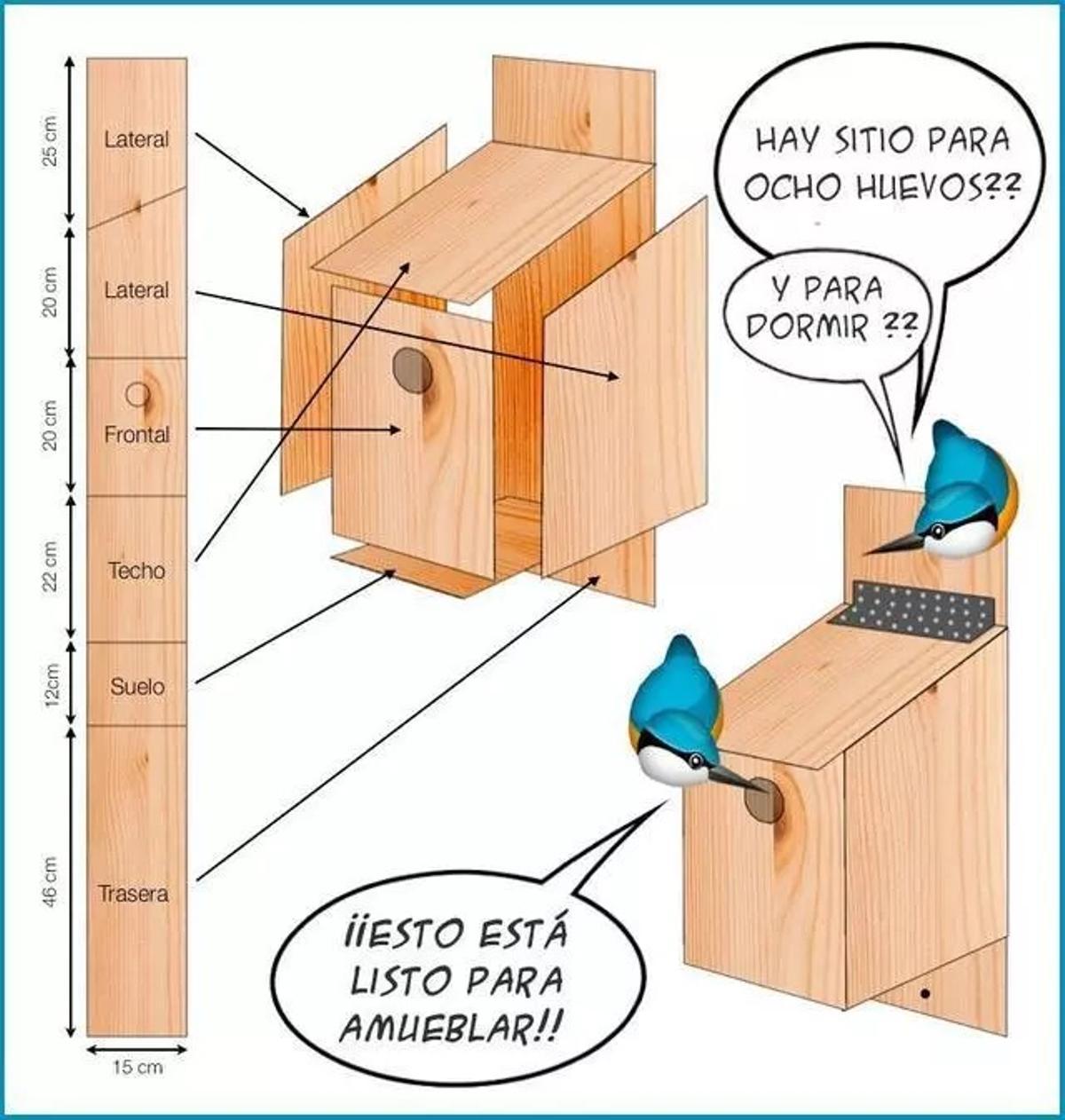 Caja nido artesanal colocada en un balcón con vista a la ciudad