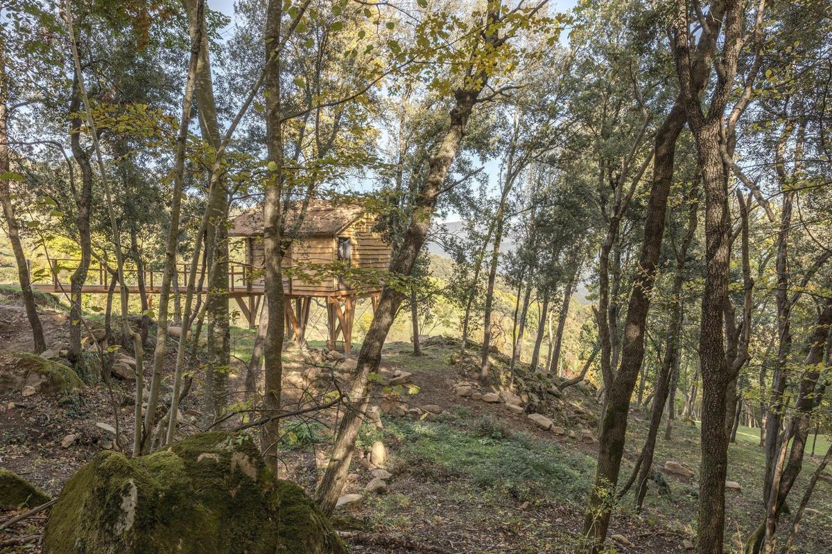Vista aérea de una cabaña con piscina climatizada integrada en la Garrotxa