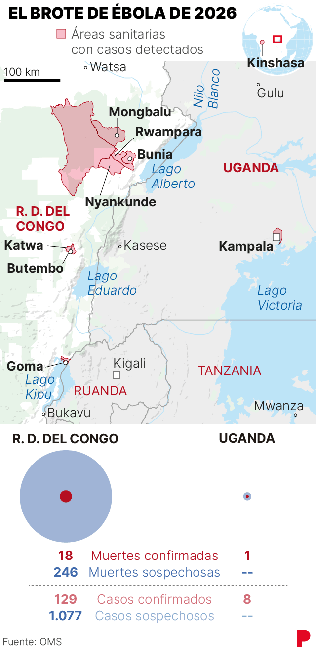 Mapa de casos de ébola en la RDC y Uganda al 28 de mayo de 2026