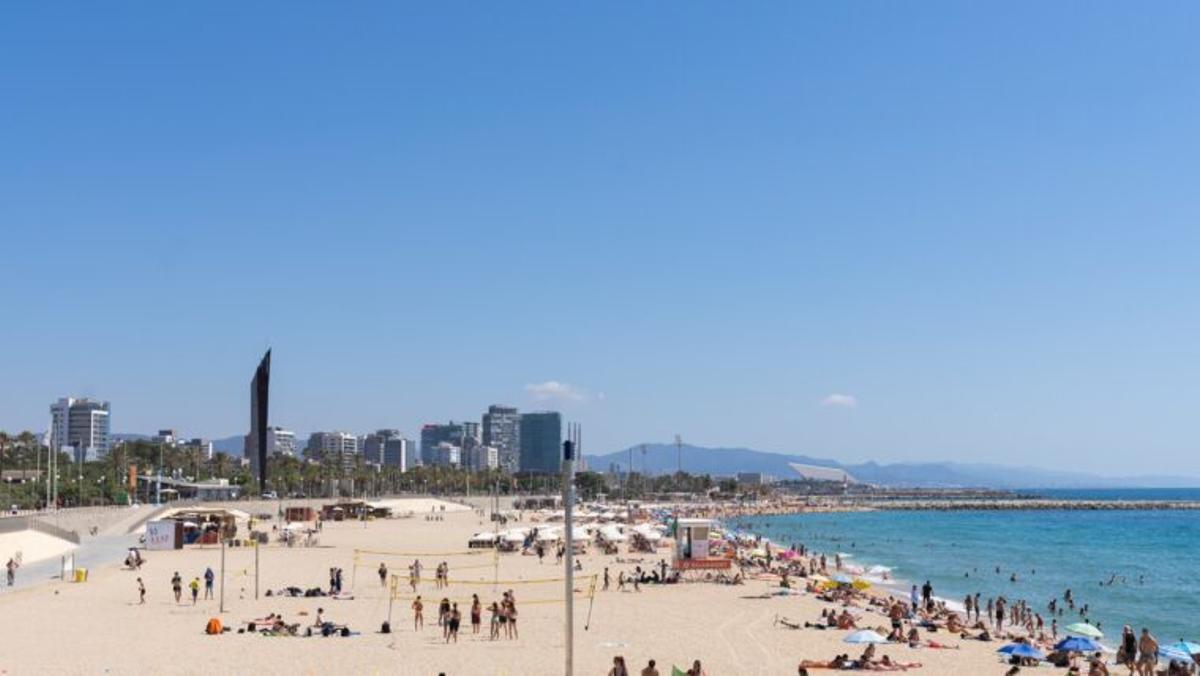Playa de la Barceloneta con arena recién repoblada tras el movimiento de arenas
