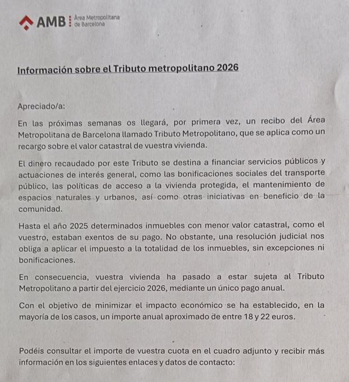 Recibo del Tributo Metropolitano enviado a un hogar de Barcelona