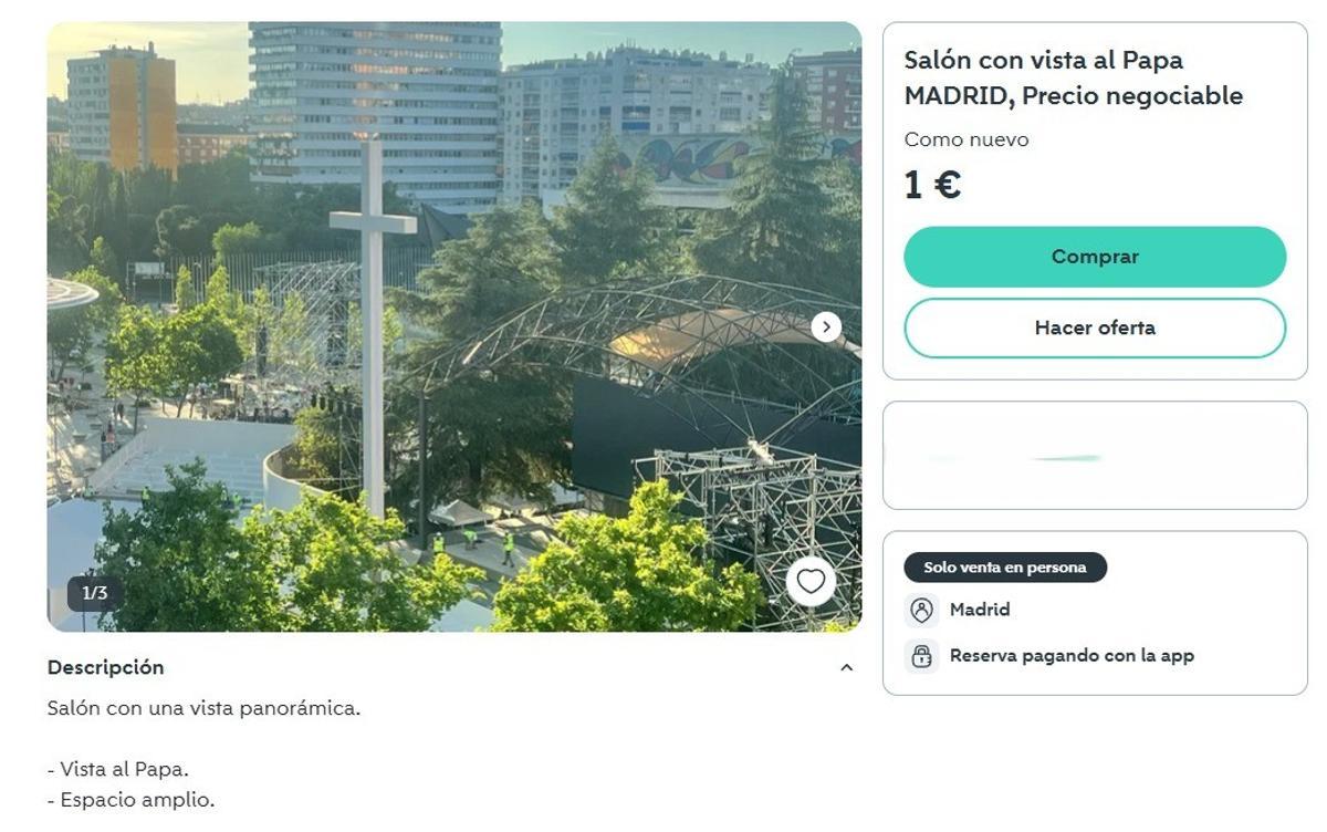Captura de pantalla de un anuncio en Wallapop que ofrece reservar bocadillos para el acto del Papa en el Bernabéu