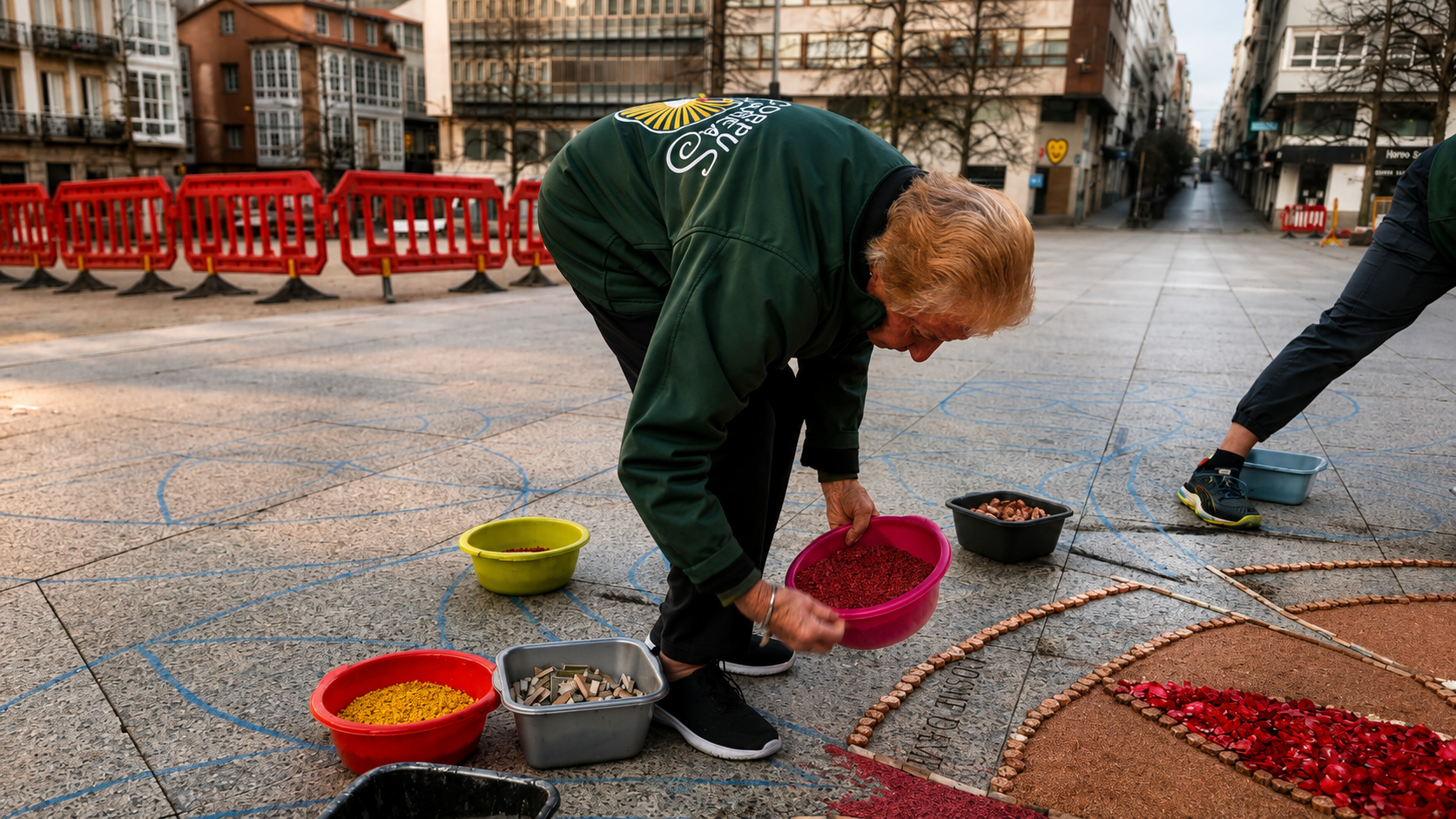 Voluntarios de la Asociación de Alfombristas de Ponteareas extendiendo claveles sobre la calle Alcalá