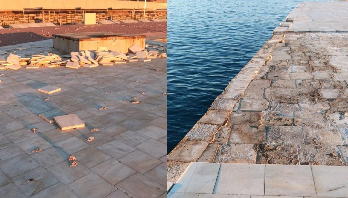 Baños del Fòrum cerrados con obra en curso, vista de la zona costera de Barcelona
