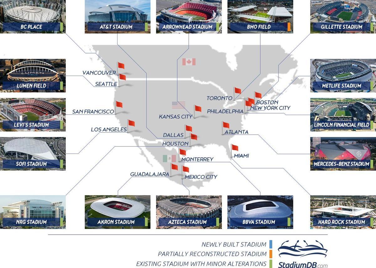 Mapa de las 16 ciudades sede del Mundial 2026 en EE. UU., Canadá y México