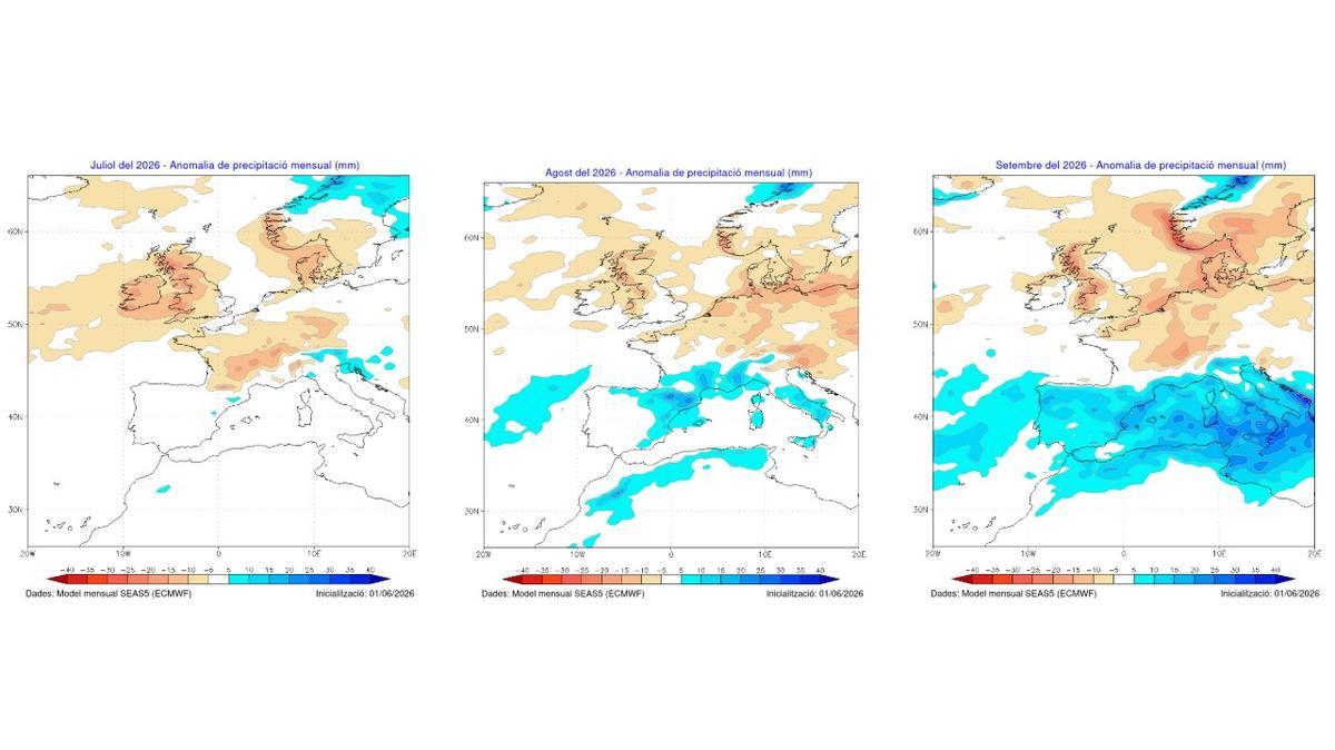 Mapa de anomalía de precipitación mensual para junio 2026 en Catalunya