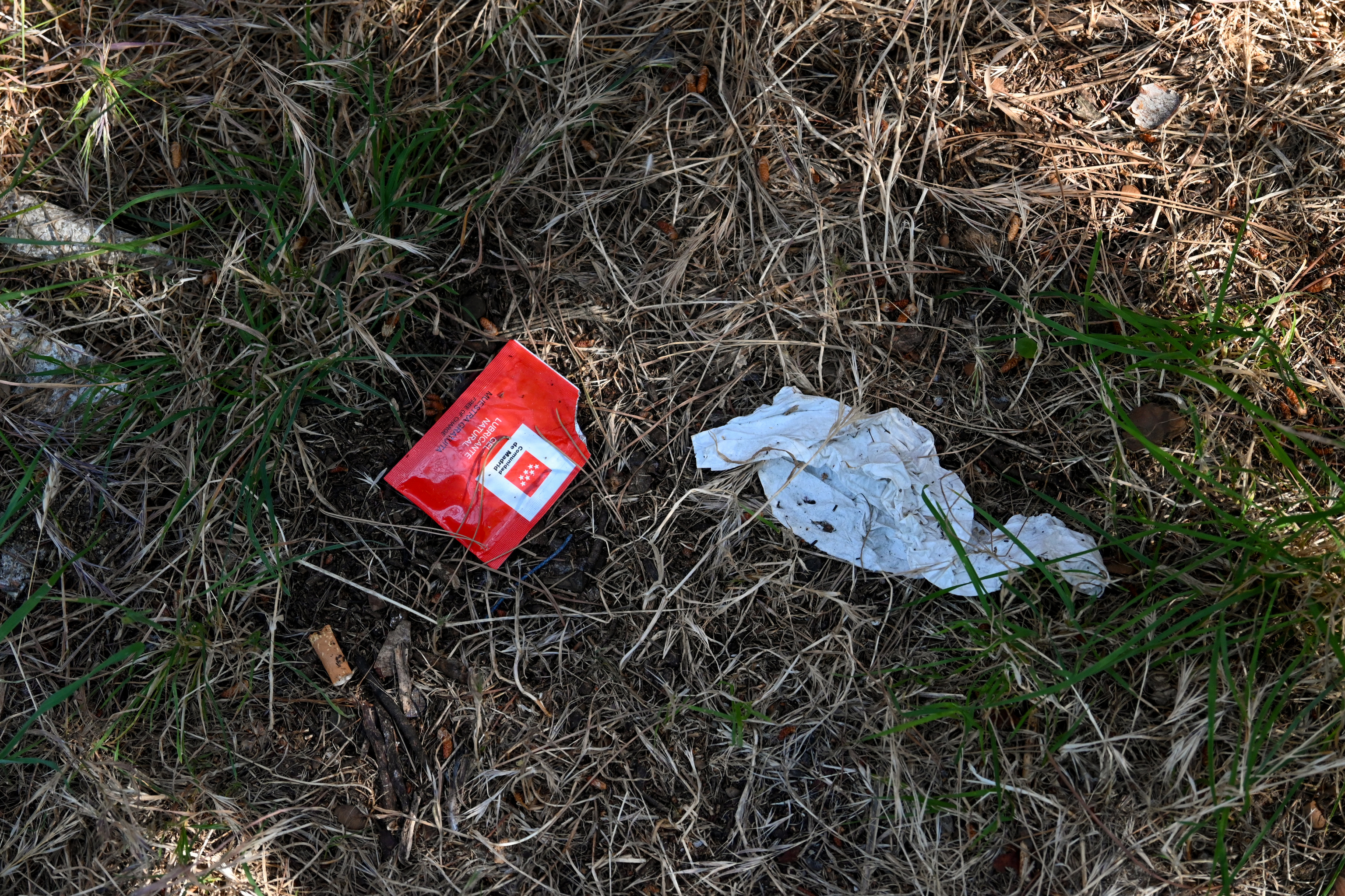 Pinar del barrio de La Elipa con basura y señales de advertencia