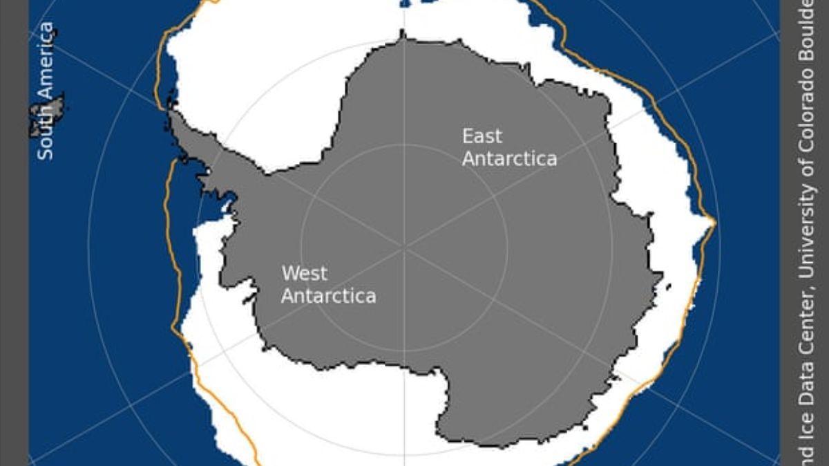 Vista satelital del mar de Bellingshausen sin hielo, comparada con su extensión media