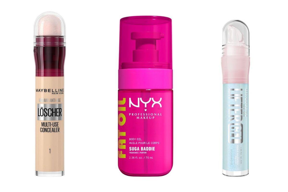 Selección de productos de maquillaje y cuidado facial sobre una toalla de playa
