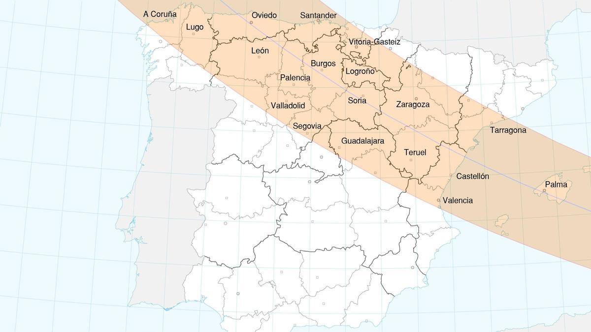 Mapa de la franja de totalidad del eclipse solar total del 12 de agosto de 2026 que atraviesa el sur de Catalunya y otras regiones españolas